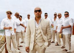 Hot Sell Summer Linen Man Business Suits Beige Bruidegom Tuxedos Mannen Prom Party Coat Broek Sets (jas + Vest + Broek + Tie) K35