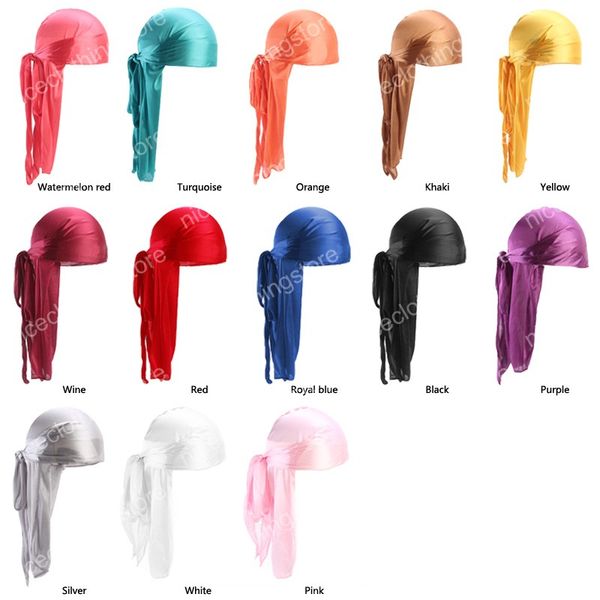 Venta caliente Unisex Silky Durag Bandanna Turbante sombrero Peluca doo rag Satin Durags Biker Headwear Diadema Accesorios para el cabello Cola extra larga Du-Rag