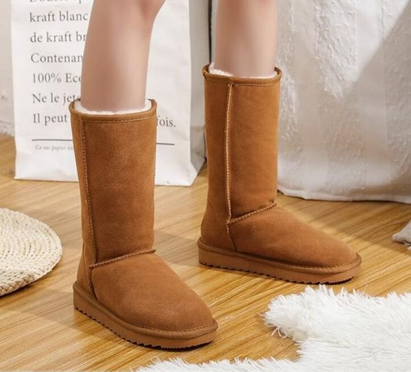 Bottes de neige pour femmes, chaussures classiques, hautes, en cuir, fourrure, chaleur extérieure, châtaigne, offre spéciale