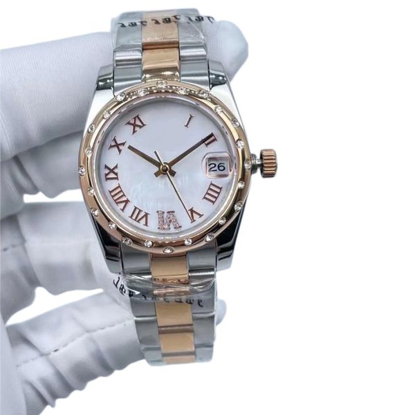 Montres pour femmes 31 mm, cadran blanc romain, deux tons, or rose, acier inoxydable, mécanique, date automatique, sport haut de gamme pour hommes et femmes, montres élégantes