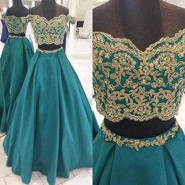 Hot Selling 2 Stybe Avond Prom Jurken Boothals Off The Shoulder Gold Beaded Lace Satin A Line Long Eaveing ​​Towns Cheap Party Dress