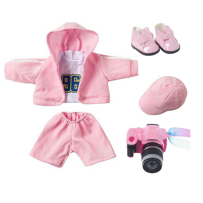 Heet verkopen 4 stuks poppenaccessoires voor Amerikaanse meisjespoppen in bulk, meiwa roze hoodie set+roze schoenen+roze camera 18 inch kinderdiy game