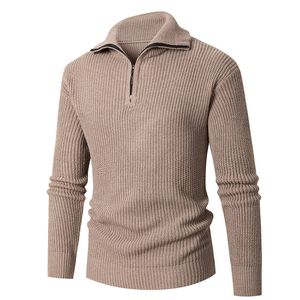 Vente chaude automne et hiver nouveaux pulls pour hommes, tricots, bas ajustés, tricots à demi-fermeture éclair à revers, hauts de couleur unie populaires
