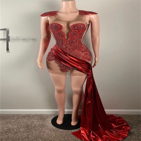 Vestido de noche de diamantes rojos de lujo con idea de tren Vestido de fiesta de niña negra 2024 Traje de fiesta de bienvenida de cóctel de cumpleaños caliente con cuentas Vestido de ocasión formal sexy Aso Ebi