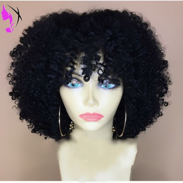 Vente chaude noir / blolnde / rouge court Afro Kinky Curly perruque Simulation cheveux humains Kinky Curly brésilien perruques complètes avec une frange pour les femmes noires
