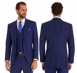 Hot Selling Blue Groom Tuxedos Hoge Kwaliteit Man Bruiloft Piek Piek Revers One Button Side Vent Heren Diner Prom Blazer (jas + Broek + Vest)