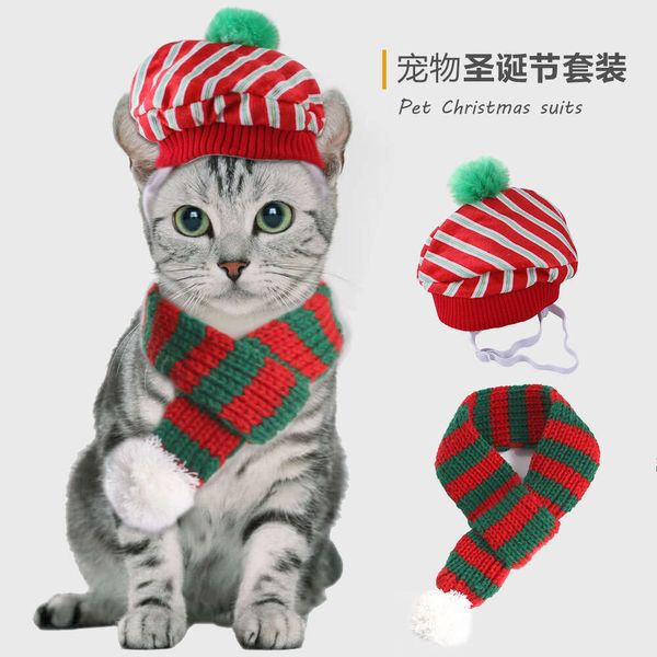 Ensemble écharpe tricotée pour chat, bavoir créatif pour animaux de compagnie, chapeau à carreaux, fournitures de noël pour chat et chien, cosplay, offre spéciale