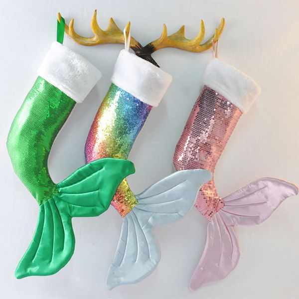 Venta caliente día de Navidad colgante decorativo sirena lentejuelas adorno de Navidad calcetines bolsa de regalo de cola de pez T9I00105