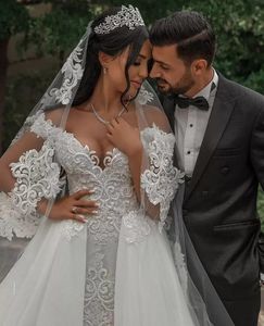 Luxe trouwjurken A-lijn pure designer Lace Appliques baljurk afneembare trein bruiloftslijtage bruidsjurken Vestidos de novia