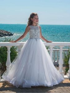 Vestidos vendedores calientes del desfile de las muchachas de cristal con para los adolescentes Vestidos de niña de las flores de lujo de la playa hasta el suelo de tul para bodas por encargo