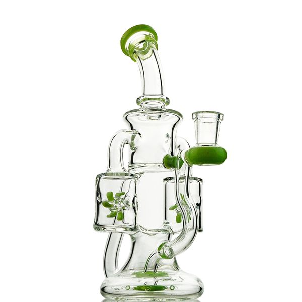 Venta caliente Doble Reciclador Vidrio Bong Dab Rig Verde Púrpura Hélice Cabezal de ducha Percolador Embriagador Tubería de agua de vidrio Plataforma petrolera Agua Bongs XL167