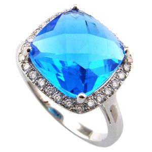 Bague bleue en pierre de zircone cubique pour femmes, anneau en pierre d'aquimarine plaquée Rhodium, offre spéciale