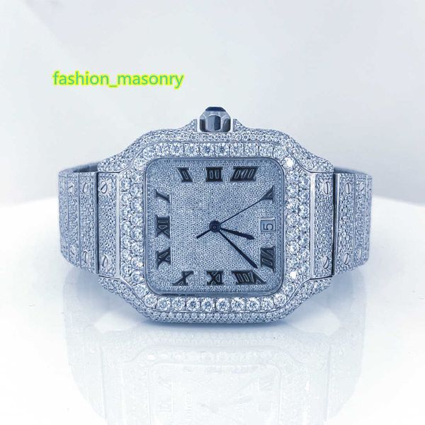 Montre carrée pour hommes, en argent Sterling 925 glacé, VVS Moissanite diamant, montres mécaniques, offre spéciale