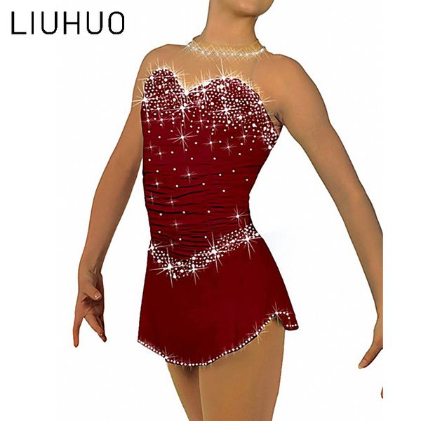 Vente chaude robe de patinage artistique femmes costumes de sport contemporains jupes brillantes filles à la main robe de patinage sans manches en gros