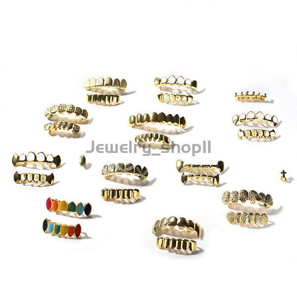 Bretelles brillantes galvanisées en or véritable, accessoires hip-hop, ensemble de dents Grillz en or pour hommes, bijoux Hip Hop de haute qualité, huit 8 dents supérieures, Six 6 grilles inférieures