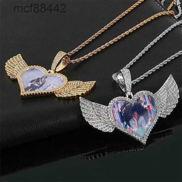 Vendre à chaud Photo Hip Hop Pendant Copper Diamond Heart Wings Zircon Solid Memory Photo Frame Collier