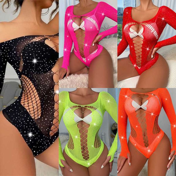 Mono de venta caliente para mujer, conjunto de lencería de manga larga, malla de diamantes de imitación para club nocturno, medias de red, monos sexis, monos para mujer