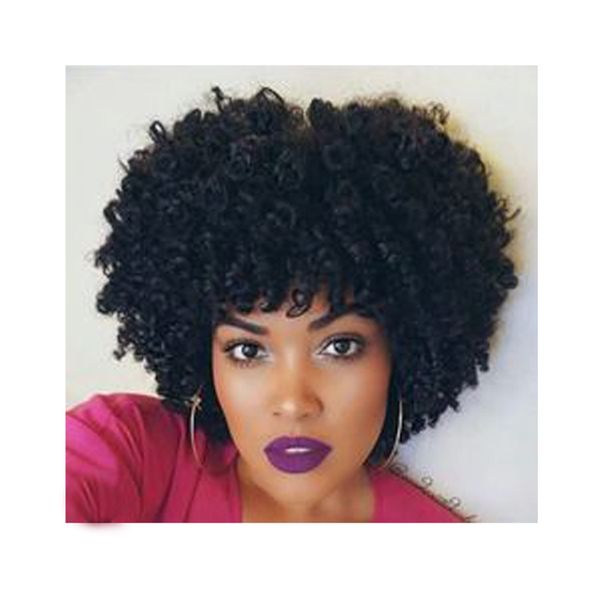 Vente chaude dames cheveux brésiliens afro coupe courte crépus bouclés perruque simulation cheveux humains perruque bouclée avec bang pour femme