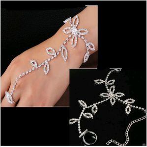 Damesblad Hand Back Chain Aklet Claw Rhinestone Armband Ring Uit één stuk Kettingen Bruids Bruiloft Accessoires