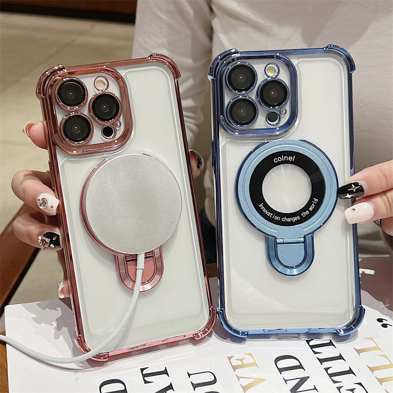Hot Selling Luxury Shockproof Magnetic With Holder Stand Case Transparent Phone Case For Iphone 15 11 12 13 14 Pro Max Plus