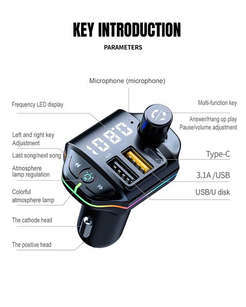 Venta caliente NUEVA A10 Colorido Atmósfera Light FM Transmisor Bluetooth 5.0 Carga de automóvil MP3 Bluetooth Player