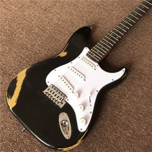 vente chaude nouvelle arrivée guitare électrique avec main ancienne de couleur noir foncé, avec incrustations de points de touche en palissandre