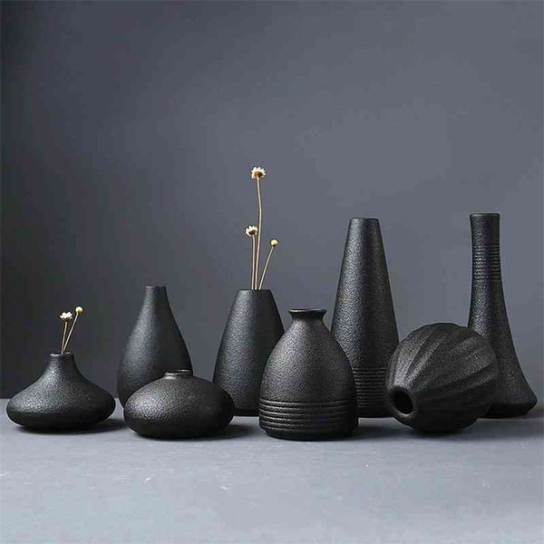 Vente chaude Nouveau moderne noir céramique fleur arrangement petit vase décoration de la maison petit vase ornement de table artisanat 210409