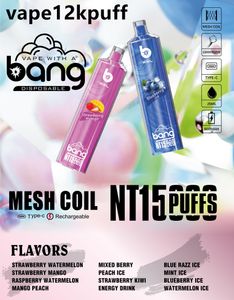 Bangtn Puff15000 15000pff Set grand évaporateur Vape Vape Puff15k Mesh bobine Rechargeable Batterie 600mahe Cigarette 0% 2% 3% 5% Vape Pen