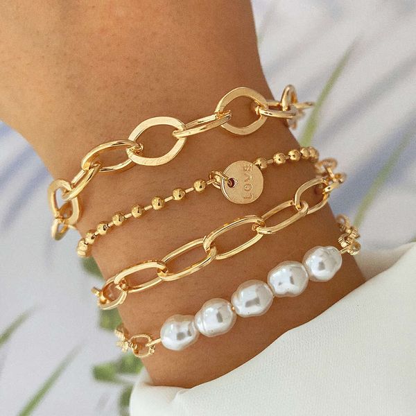 Pulsera de perlas de venta caliente, cadena gruesa de moda, combinación de brazalete de 4 piezas de letra en inglés