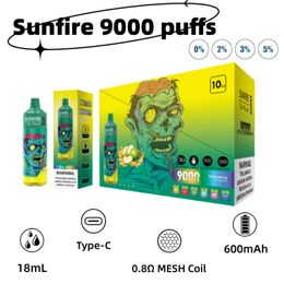 Tornado Sunfire d'origine 9000 Puffes Dispostables E Cigarettes Vape 18 ml Mesh Bobie 600mAh Batterie 0% 2% 3% 5% CIGS ELECTRONIQUES RECHARGables Pas de fumée 9K Puff