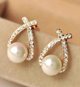 Vente chaude strass perle boucles d'oreilles charme croix pierres semi-précieuses boucles d'oreilles pour femmes cadeau or argent couleur coréen