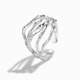 Hot Selling S925 Sterling Zilver Licht Luxe mannen en vrouwen Ring Onregelmatige Vloeistof Ijs Rock Tin Papier Voelen Open Ring