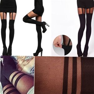 Vente chaude Sexy Femmes Noir Faux Jarretière Ceinture Jarretelles Collants Sur Le Genou Bonneterie Bas Cadeaux En Gros X0521