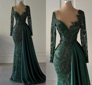 Robes de soirée verts foncés vintage avec jupe satinée détachable sirène 2024 Perles de cou de cou de luxe Rangs de luxe Part des robes Prom porte BC18700