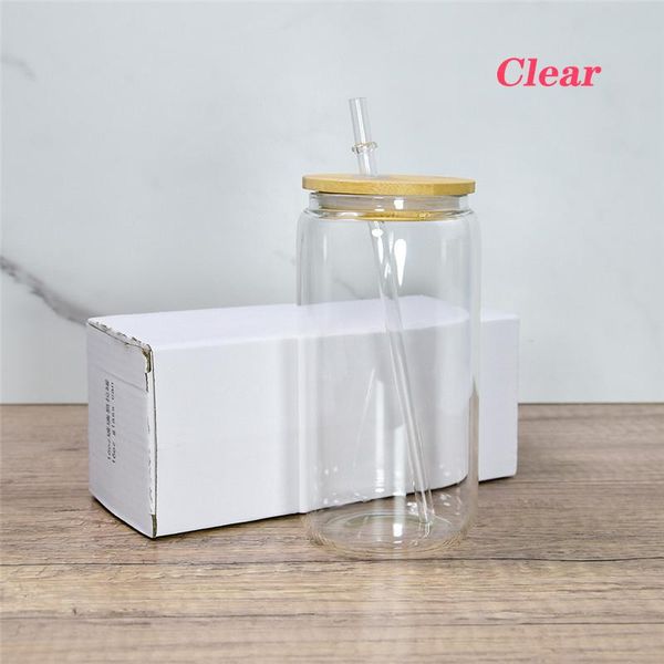 50 piezas/cartón 16 oz tazas de vidrio de sublimación lata en forma de jugo frascos de refrescos botellas vasos esmerilados transparentes con tapa de bambú