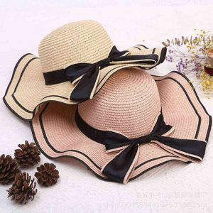 Vente chaude D'été Dames Bowknot Ruban Grand Avant-toit Protection Solaire Chapeau Chapeau De Paille Femmes Casual Plage Floppy Panama Caps G220301