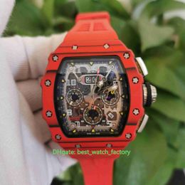 Venta caliente Relojes de alta calidad 50 mm x 44 mm RM11-03-CA FQ 061 NTPT Fibra de carbono Bisel rojo Bandas de goma Mecánico transparente Reloj de pulsera para hombre automático para hombre