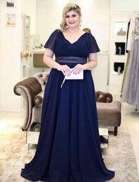 Hot Selling V-hals Navy Blue Long Mother of the Bruid Jurken Taille met Beaded for Wedding Party