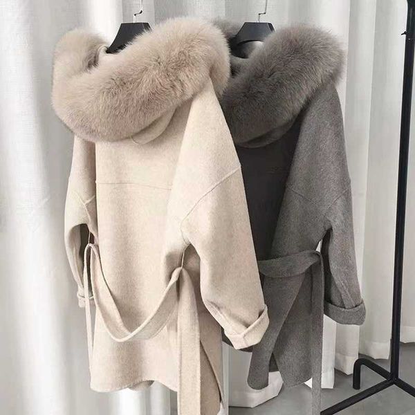 Abrigo de Cachemira de doble capa para mujer, chaqueta con capucha de piel de zorro y lana a la moda, abrigos con cinturón, gran oferta de invierno