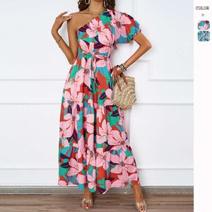 Heet verkopende dames zomer Nieuwe sexy diagonale diagonale kraag print Boheemian Seaside Vacation Long Dress Dress