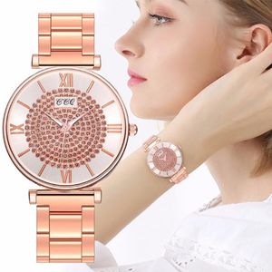 Heet verkopende vrouwen roestvrij staal vol diamanten horloge luxe dames kwarts horloge ccq klok dropshipping 207A