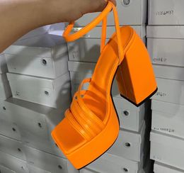 Hot sexy chunky talon sandals femmes toe carré plate-forme pour femmes pour femmes lacets lacets haut talons orange sandalias mujer