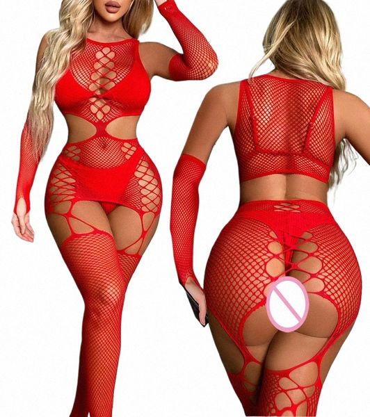 Hot Sexy Fishnet Babydoll Cosplay camisón crochet talla grande lencería dr bodysuit Corsés productos ropa de dormir + media W333 B6Wd #