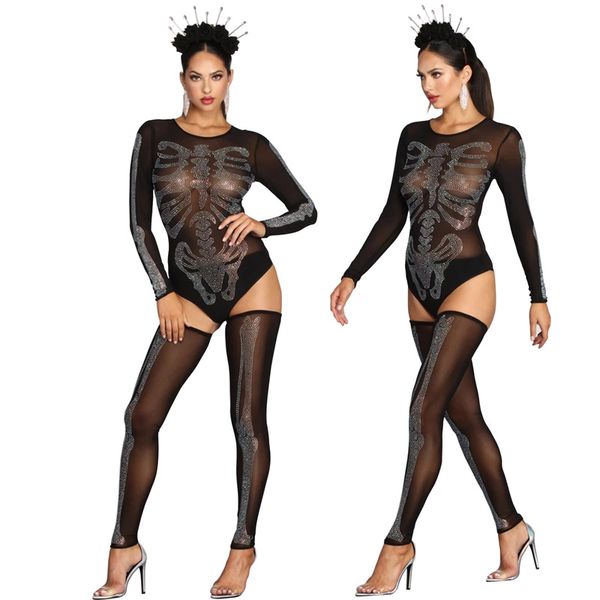 Caliente Sexy mujer negro mono conjunto de medias ver a través de malla leotardo diamantes de imitación esqueleto club nocturno ropa de baile disfraz de Halloween