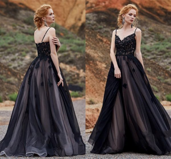 Bretelles spaghetti chaudes robe de mariée noire avec dentelle de couleur Applique A-ligne robes de mariée vestido de fiesta largos de gala 2022