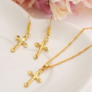 HOT Special Design Christian Vogue True Real 14K Solide Or Jaune Rempli Crucifix Croix Intemporel Charme Boucles D'oreilles Pendentif Chaîne Ensemble