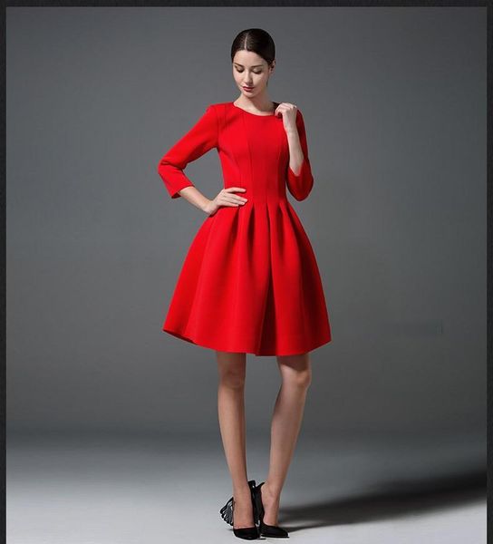 Vestido informal elegante de manga tres cuartos para mujer, vestido rojo sencillo europeo de primavera y otoño