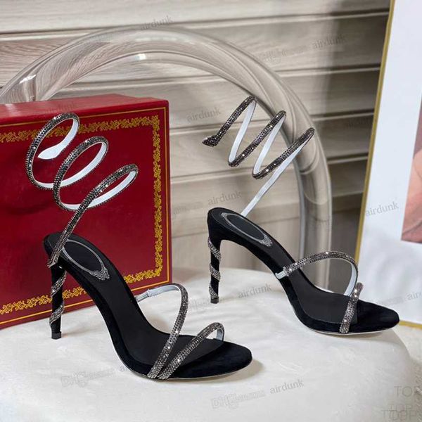 Sandalias de tacón de aguja calientes Rene Caovilla para zapatos de mujer Cleo Crystal tachonado Snake Strass shoes Diseñadores de lujo Tobillo Wraparound Fashion 9.5cm sandaH3G de tacón alto