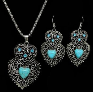 Hot Style European en American Fashion Hollowed-Out Pattern Vintage Ear Nail National Style Love Turquoise oorbellen Ketting Set Fashion Cl