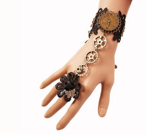 Estilo caliente Moda vintage pulsera de encaje negro de las mujeres engranaje del motor de vapor adornos de mano anillo de banda elegante clásico elegante